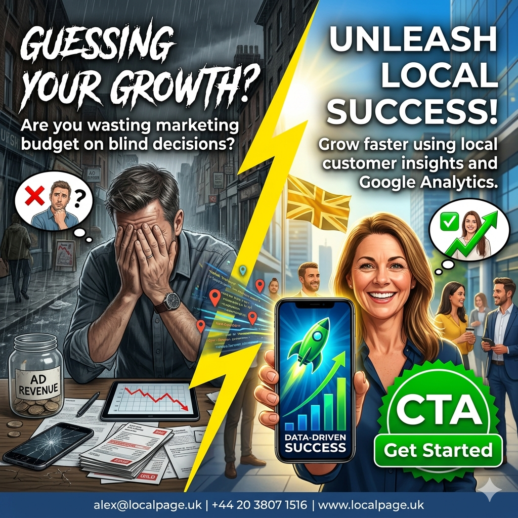 A split image contrasting a stressed business owner with low results versus a happy one succeeding with data.