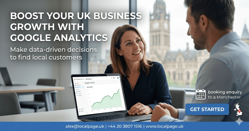 A smiling UK small business owner analyzes growth charts with a consultant in a professional office.
